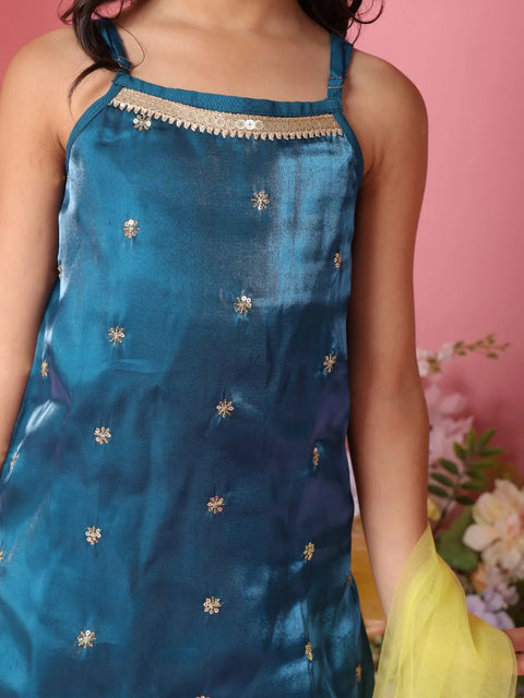 Blue embroidered dress with a pink background