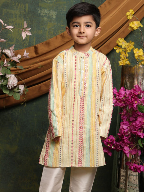 Saka Designs Boy's Sequence Embroidered Kurta & Pajamas - Beige Yellow