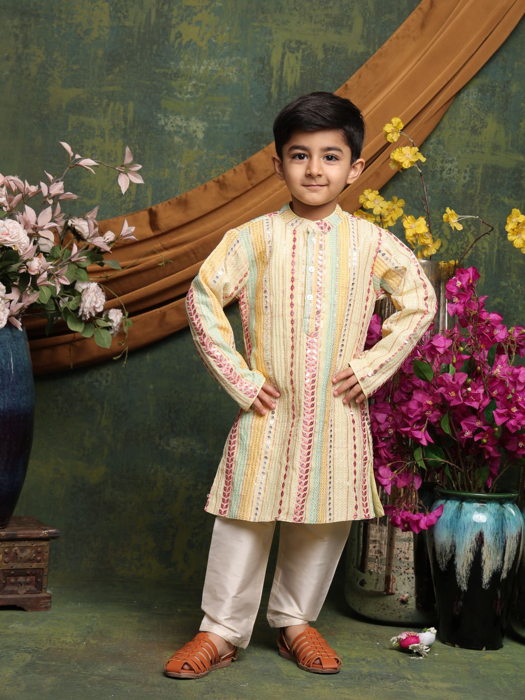 Sequence Embroidered Kurta & Pyjama - Beige Yellow