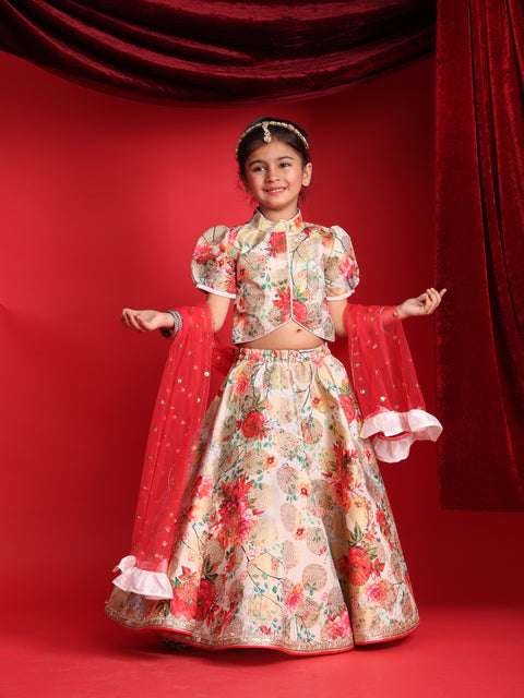 Girls Designer Floral Lehenga Choli with Puff Sleeves & Dupatta