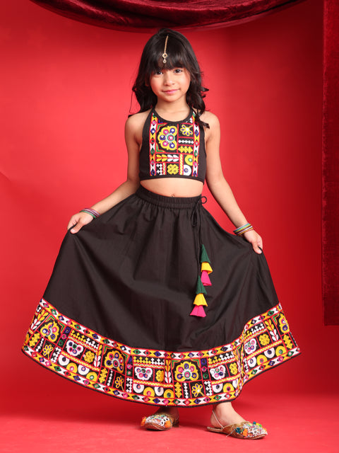 Girls Black Gujarati Embroidered Chaniya Choli with Mirror-Work Detailing
