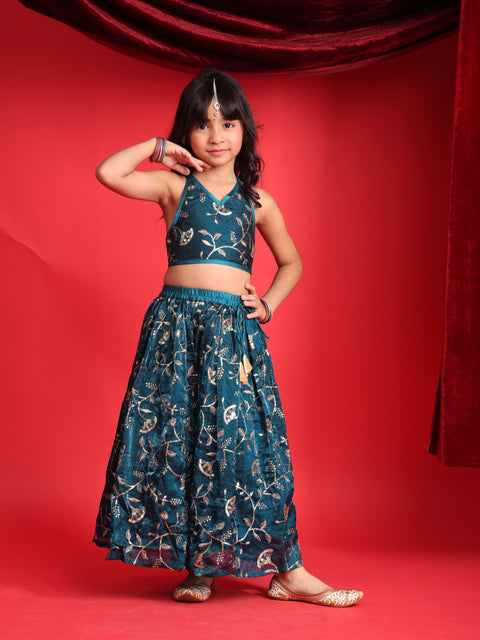 Girls Teal Blue Embroidered Lehenga Choli Set
