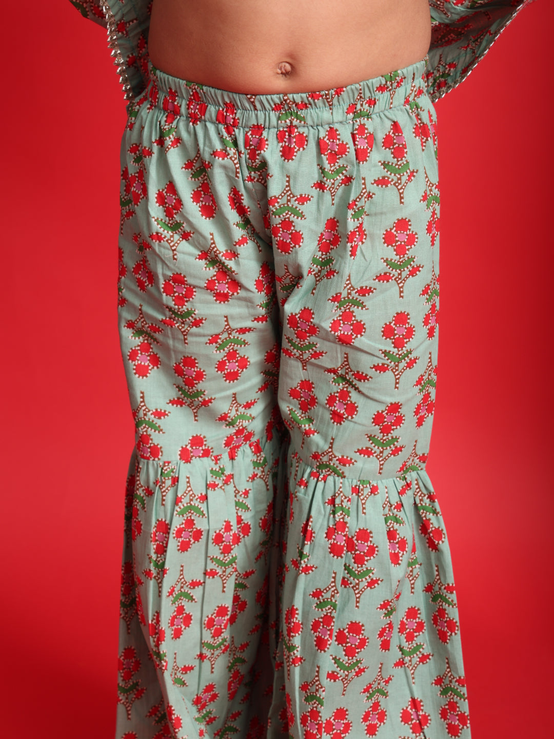 Mint Green Floral Printed Top & Sharara Set for Girls