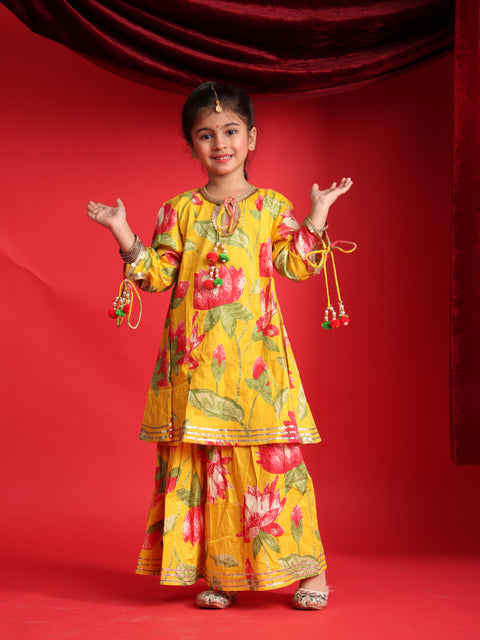 Yellow Floral Printed Lehenga Choli Set for Girls