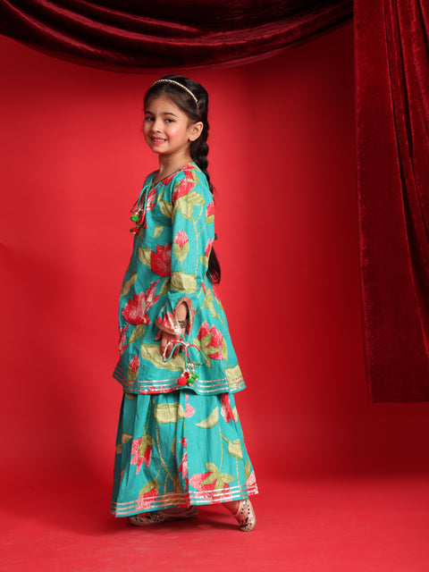 Teal Floral Printed Lehenga Choli Set for Girls