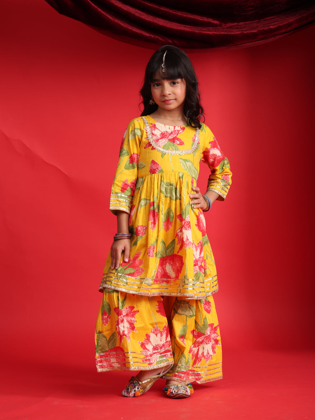 Yellow Floral Printed Kurta & Sharara Set for Girls