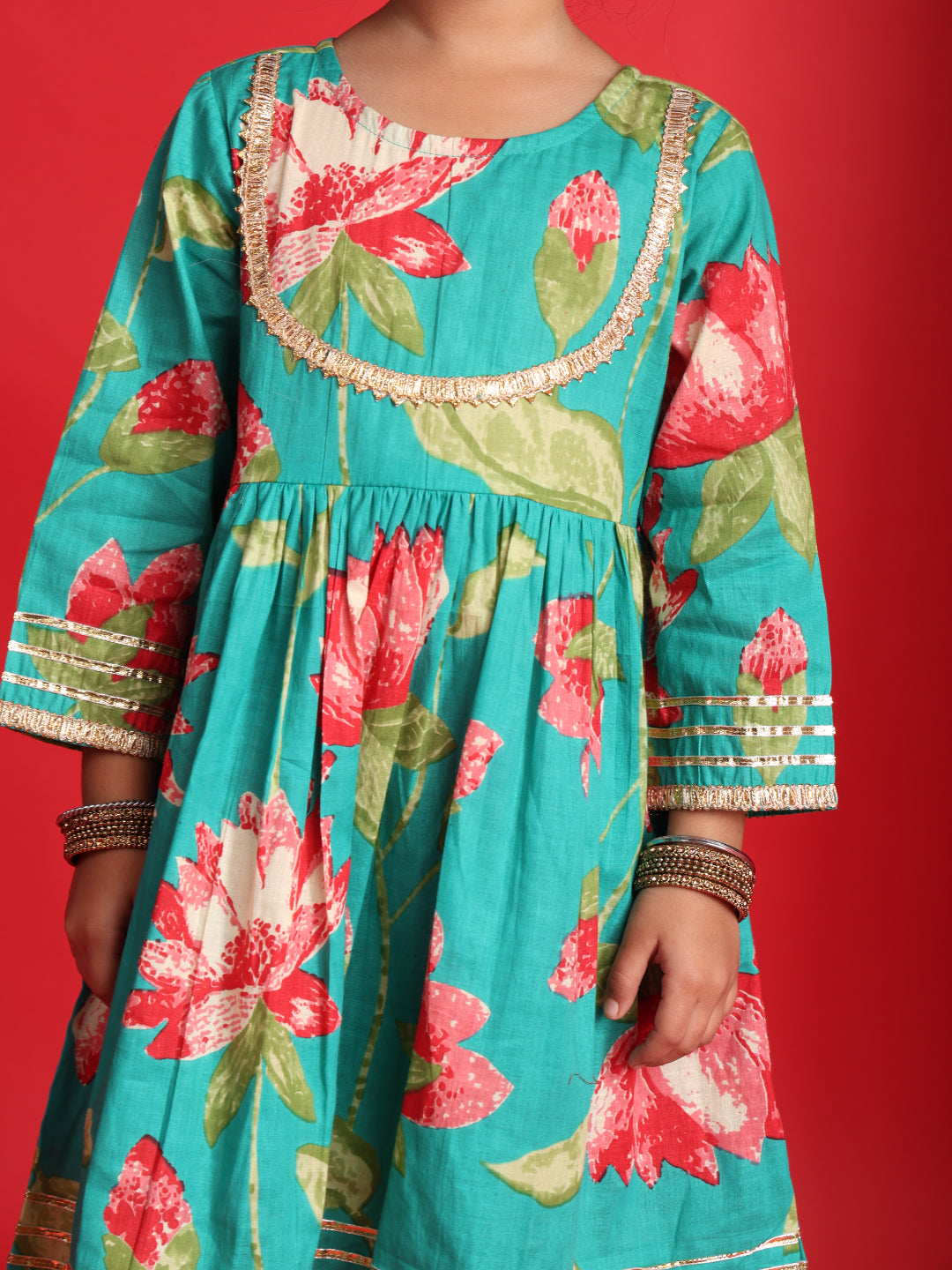 Teal Floral Printed Kurta & Sharara Set for Girls