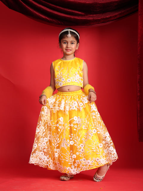Girls Yellow Embroidered Lehenga Choli