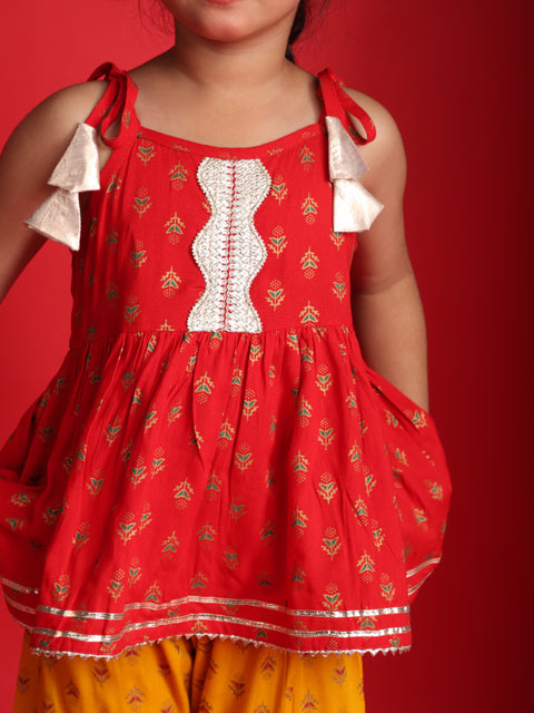 Red & Mustard Ethnic Printed Top & Sharara Set for Girls