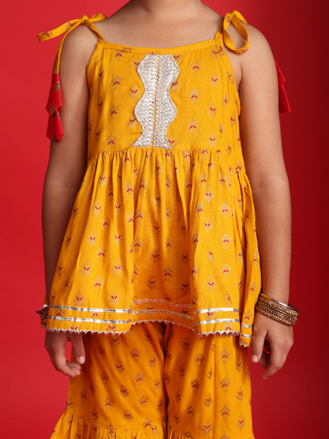 Mustard Ethnic Printed Top & Sharara Set for Girls