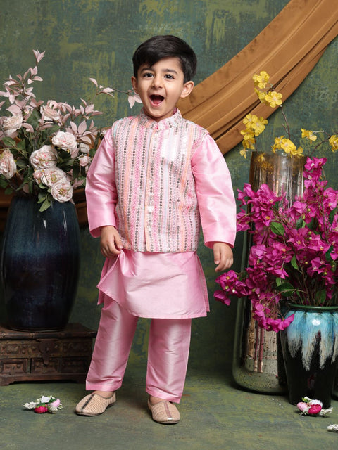 Saka Designs Full Sleeves Kurta Pajama With Embroidered Nehru Jacket – Pink