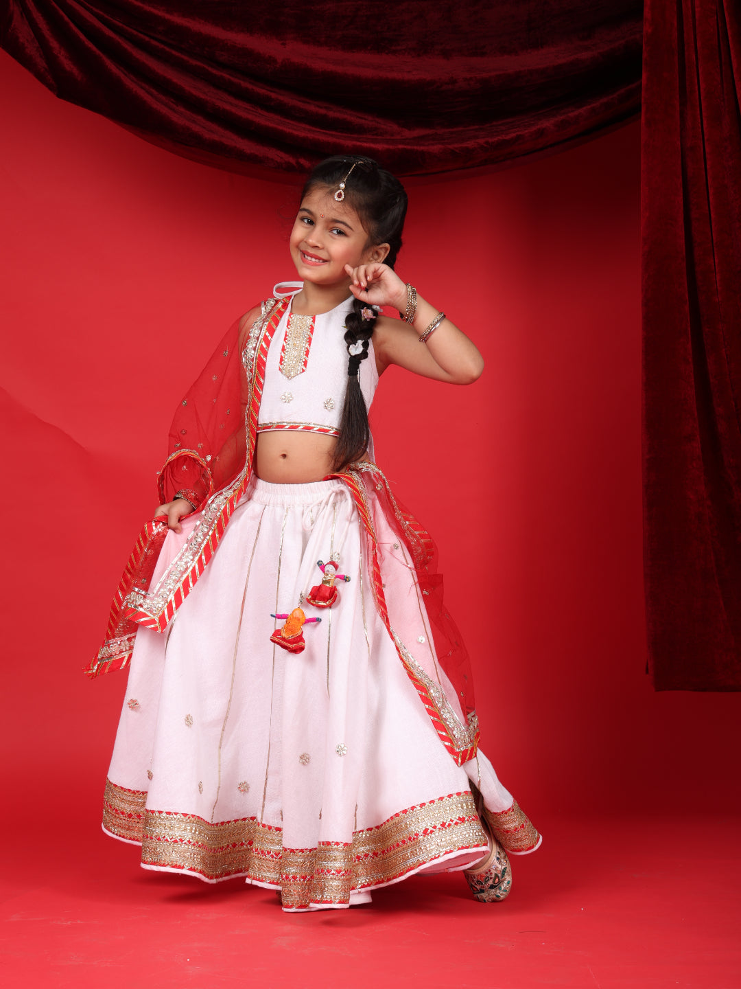 Girls White & Red Festive Lehenga Choli Set with Dupatta