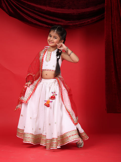 Girls White & Red Festive Lehenga Choli Set with Dupatta