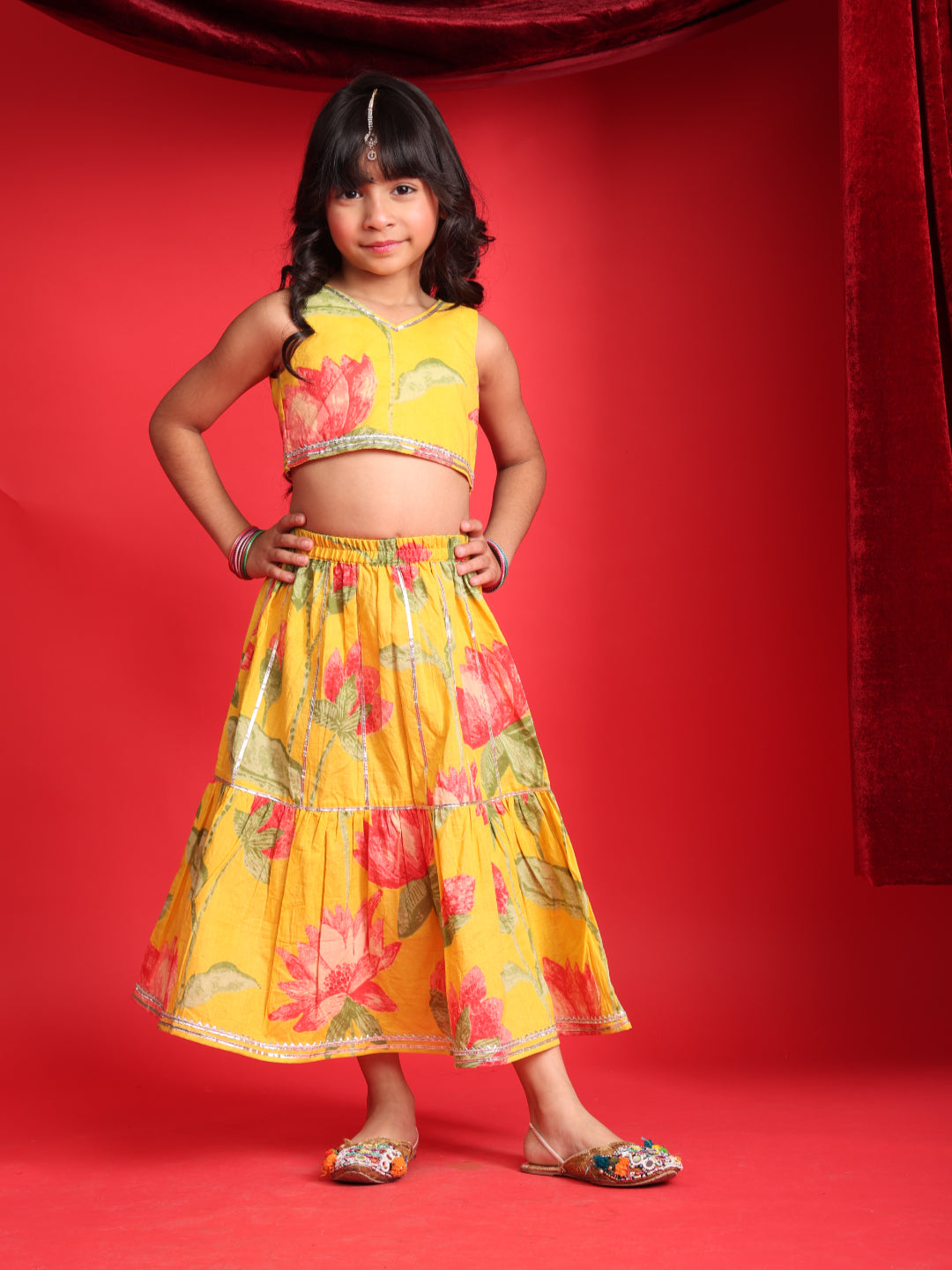 Girls Yellow Floral Printed Lehenga Choli Set