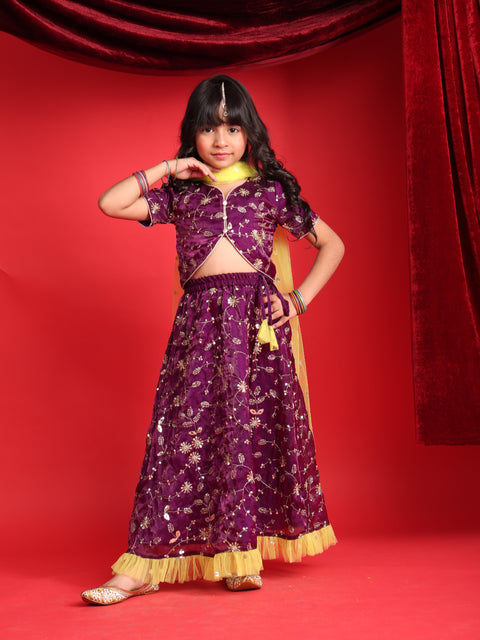 Girls Party Wear Purple Lehenga Choli with Yellow Dupatta