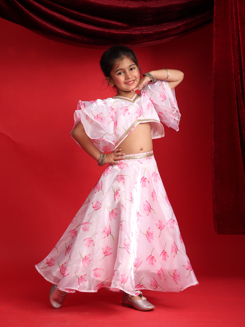 Girls Floral Print Ruffle Sleeves Lehenga Choli Set – Pink