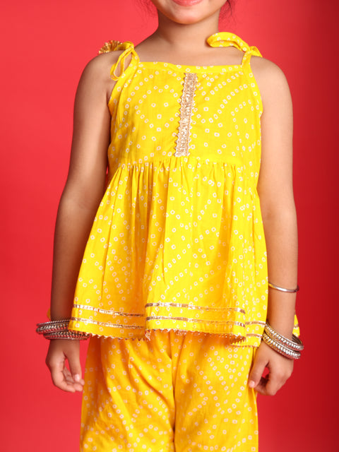 Yellow Bandhani Print Top & Sharara Set for Girls