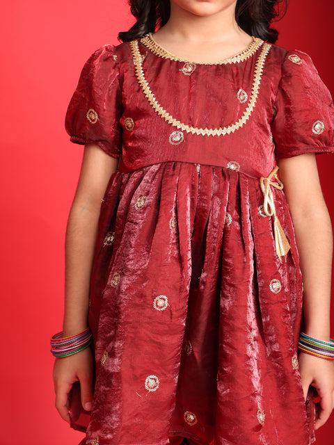 Girls Maroon Embroidered Peplum Kurti with Sharara