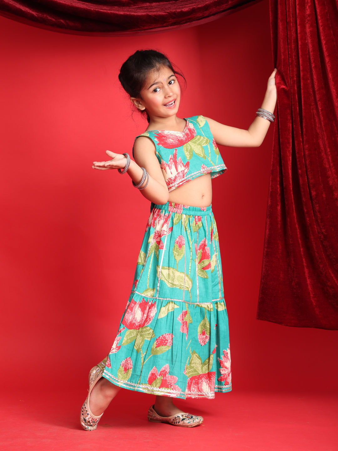 Girls Teal Blue Floral Printed Lehenga Choli Set