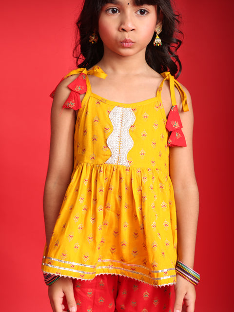 Mustard & Red Ethnic Printed Top & Sharara Set for Girls