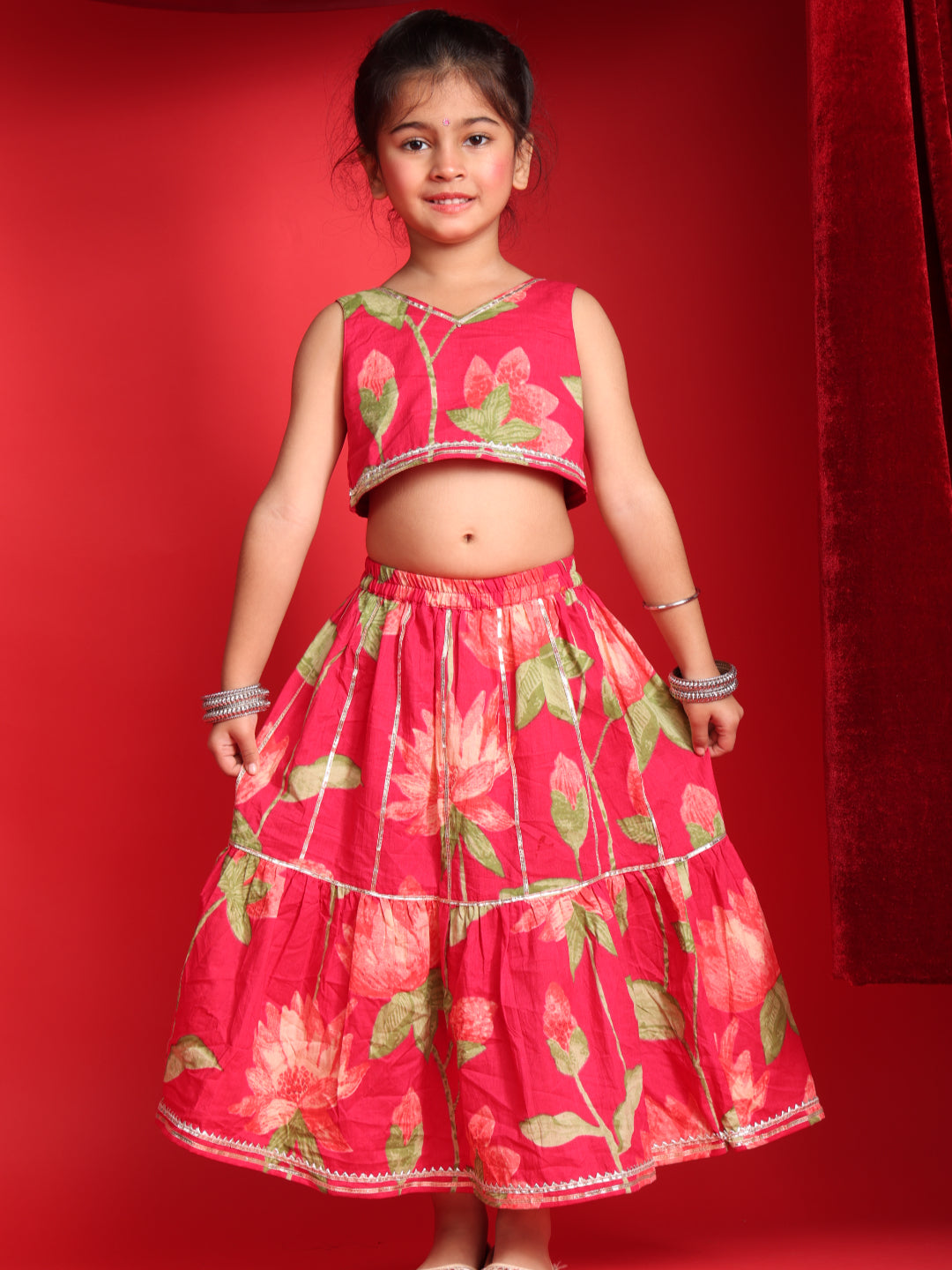 Girls Red Floral Printed Lehenga Choli Set