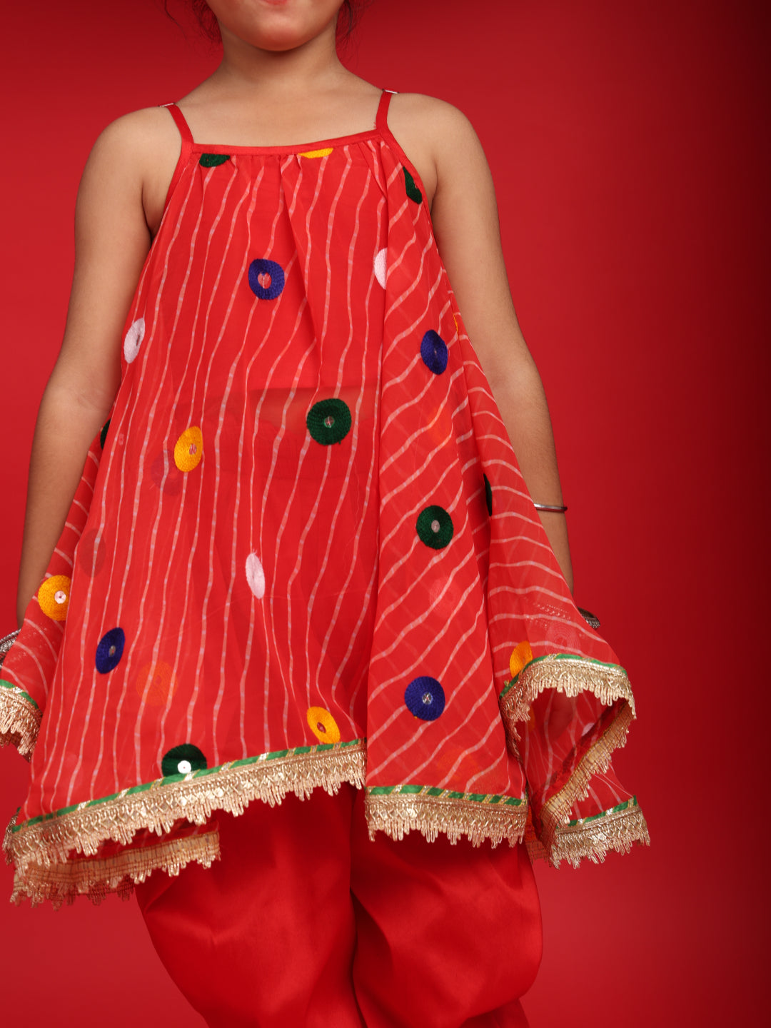 Girls Red Patiala Suit with Mirror Work