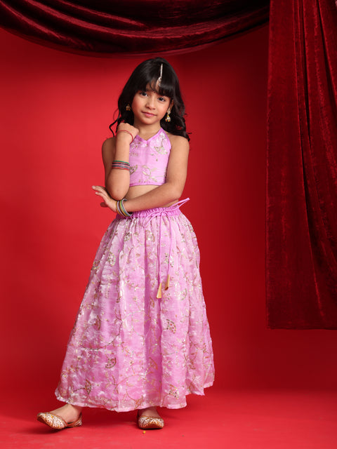 Girls Lavender Embroidered Halter-Neck Lehenga Choli Set