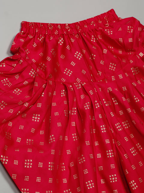 Saka Designs Woven Sleeveless Foil Print Kurta with Dhoti & Dupatta Set – White & Red