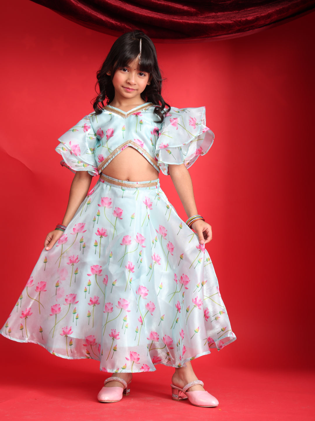 Girls Floral Print Ruffle Sleeves Lehenga Choli Set – Light Blue