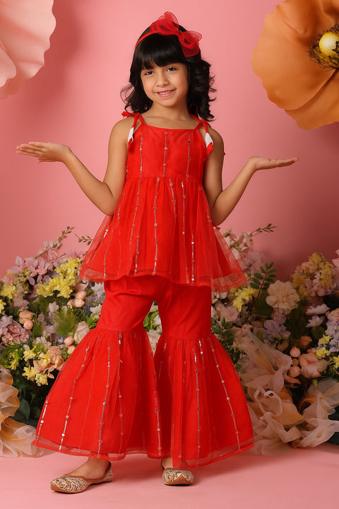 Saka Designs Woven Sleeveless Sequined Peplum Kurta with Sharara Pants - Red