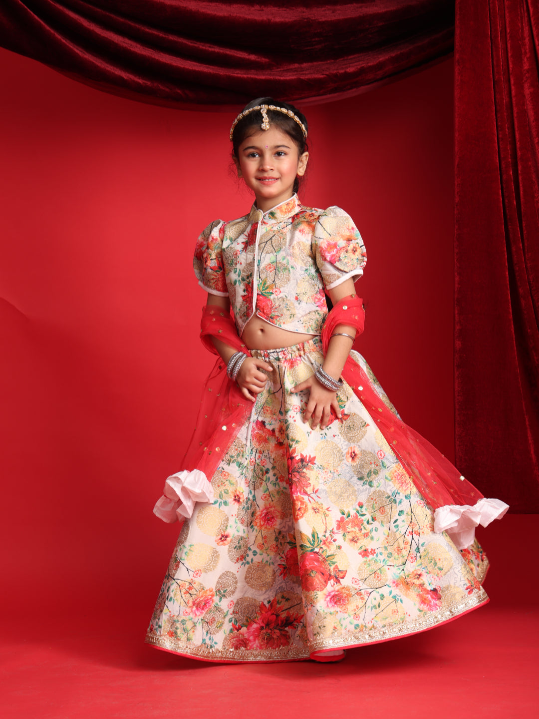 Girls Designer Floral Lehenga Choli with Puff Sleeves & Dupatta