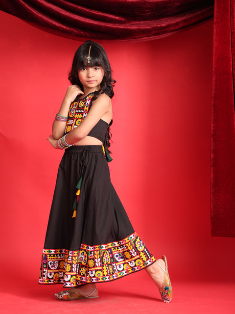 Girls Black Gujarati Embroidered Chaniya Choli with Mirror-Work Detailing