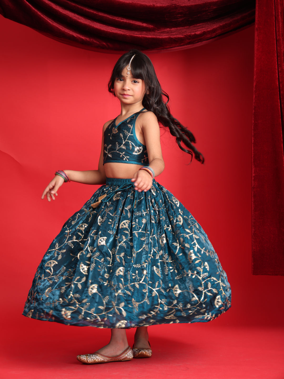 Girls Teal Blue Embroidered Lehenga Choli Set