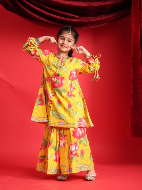 Yellow Floral Printed Lehenga Choli Set for Girls