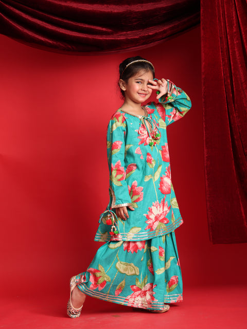 Teal Floral Printed Lehenga Choli Set for Girls