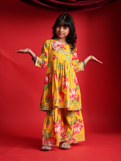 Yellow Floral Printed Kurta & Sharara Set for Girls