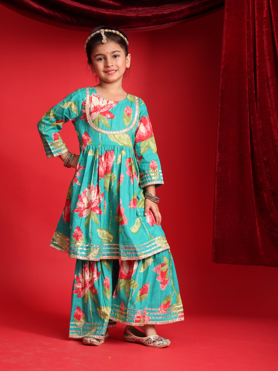 Teal Floral Printed Kurta & Sharara Set for Girls