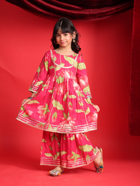 Red Floral Printed Kurta & Sharara Set for Girls