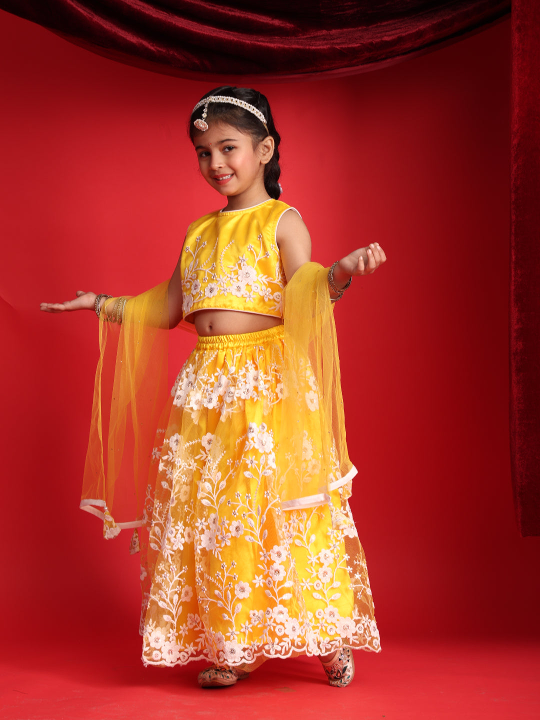 Girls Yellow Embroidered Lehenga Choli