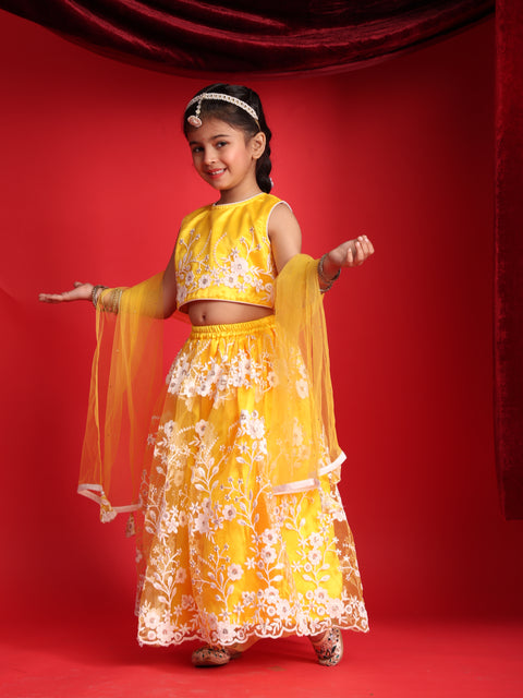 Girls Yellow Embroidered Lehenga Choli