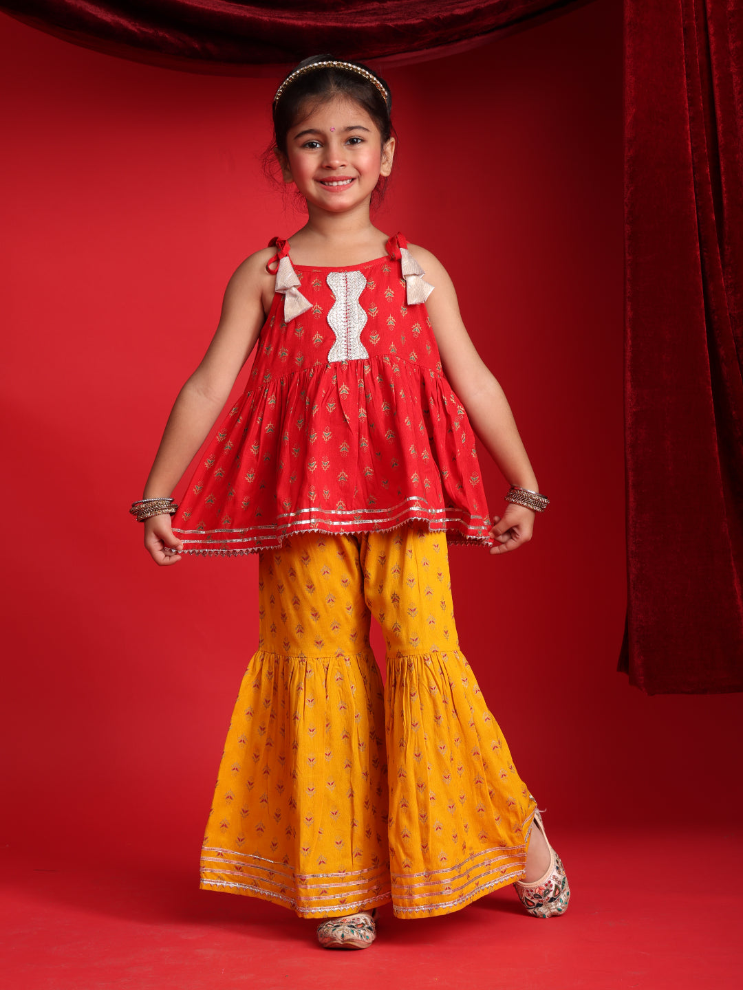 Red & Mustard Ethnic Printed Top & Sharara Set for Girls