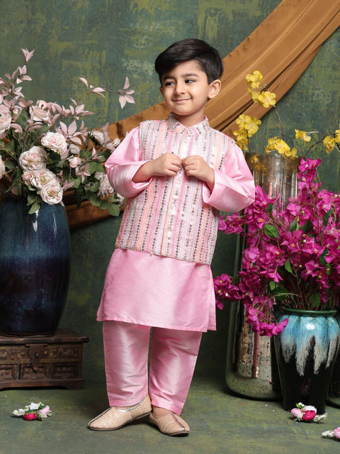 Saka Designs Full Sleeves Kurta Pajama With Embroidered Nehru Jacket – Pink