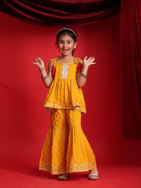 Mustard Ethnic Printed Top & Sharara Set for Girls
