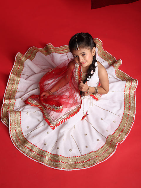 Girls White & Red Festive Lehenga Choli Set with Dupatta