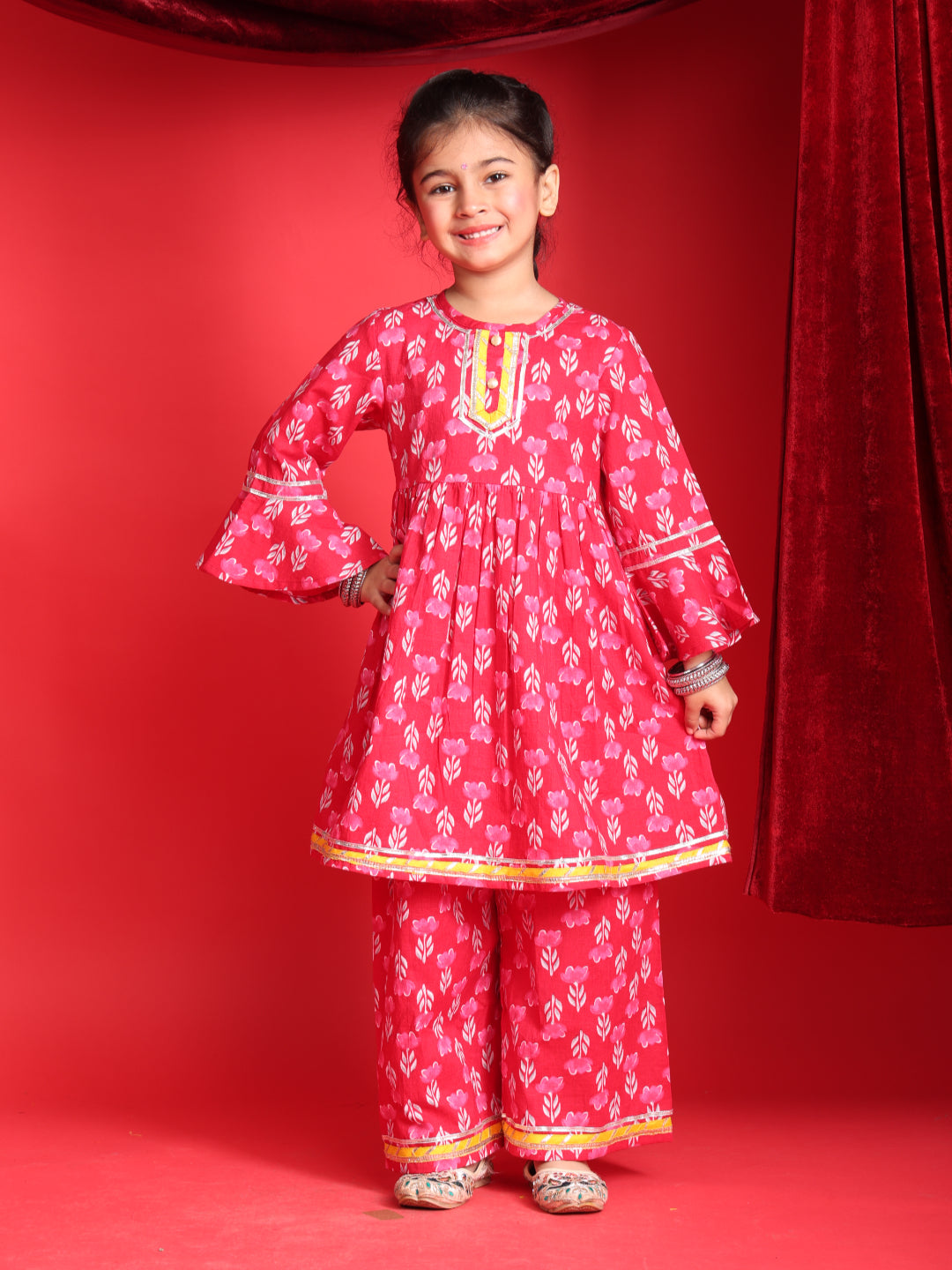 Pink Floral Printed Kurta & Salwar Set for Girls