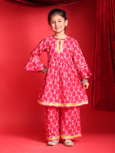 Pink Floral Printed Kurta & Salwar Set for Girls