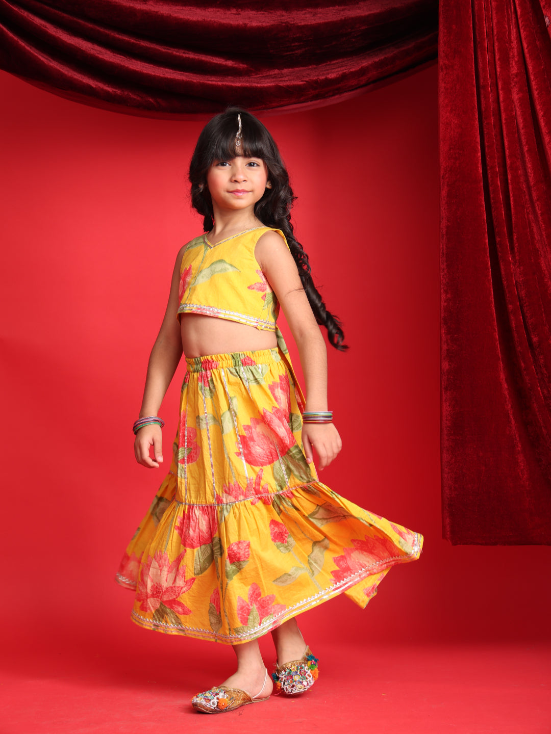 Girls Yellow Floral Printed Lehenga Choli Set