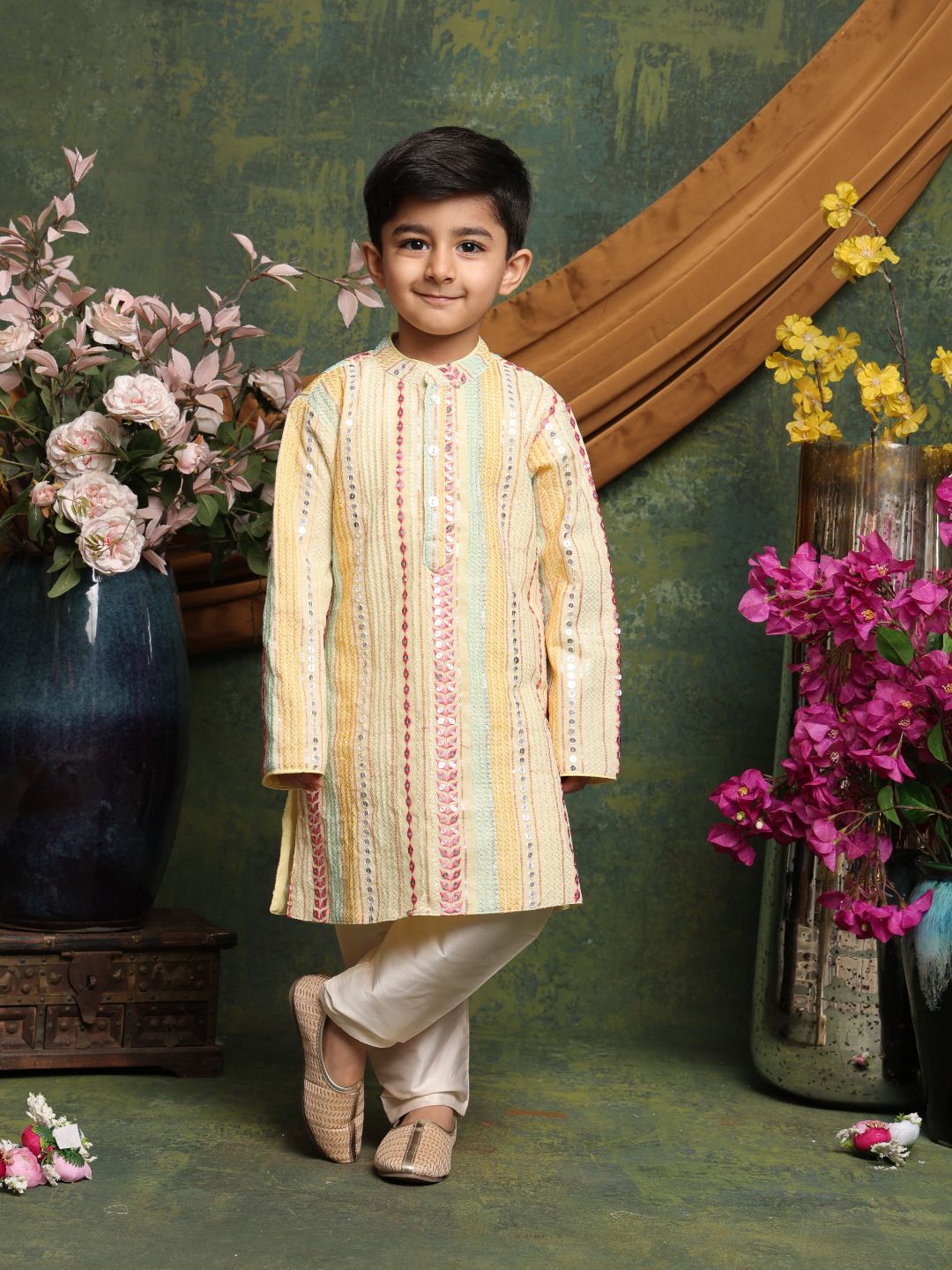 Sequence Embroidered Kurta & Pyjama - Beige Yellow