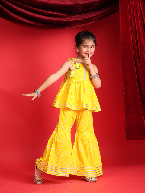 Yellow Bandhani Print Top & Sharara Set for Girls