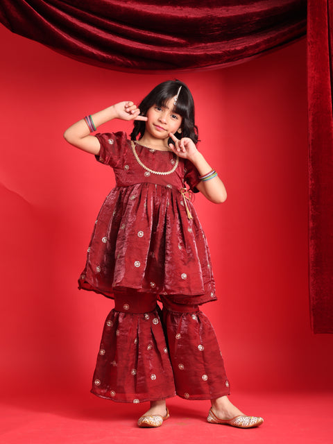 Girls Maroon Embroidered Peplum Kurti with Sharara